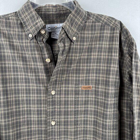Carhartt Other - Carhartt Men Medium Olive Green Plaid Long Sleeve Button-Up w/ Leather Logo Tag